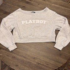 Playboy Cropped Sweatshirt Gray Pullover Long Sleeve Women's Size S P