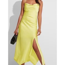 Express Lemon Yellow Satin Cowl Neck Asymmetric Maxi Slip Dress, Women's XS