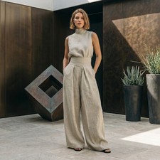 Linen Two Piece Set Mock Neck Sleeveless Top Wide Leg Pants Jumpsuit Matching
