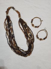 Multi Strand Brown Beaded Necklace  Hoop Earrings Set Boho Earth Tone