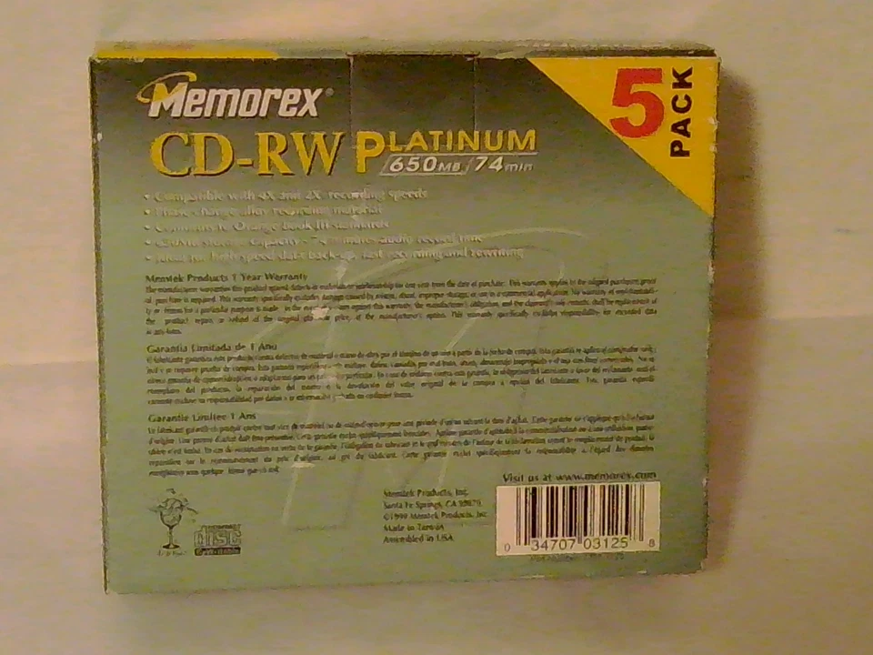 Memorex CD-RW Platinum 650MB 74 Min 4X Rewrite-Speed  5-Pk Compact Discs  Sealed - Image 3 of 4