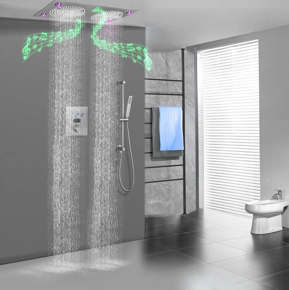 Válvula termostática de cabezal de ducha doble dorado cepillado 24,5x12,5 con pulverizador Foto 3 de 4