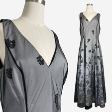 Vintage Papell Boutique Sheer black mesh velvet floral glitter formal gown 12
