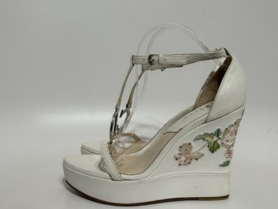 Vtg Christian Dior by John Galliano White Embroidered Leather Wedge Sandal Heels