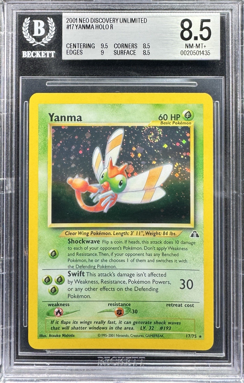 2001 Pokemon Neo Discovery Unlimited #17 Yanma Holo w/ Swirl BGS 8.5 NM-MT+