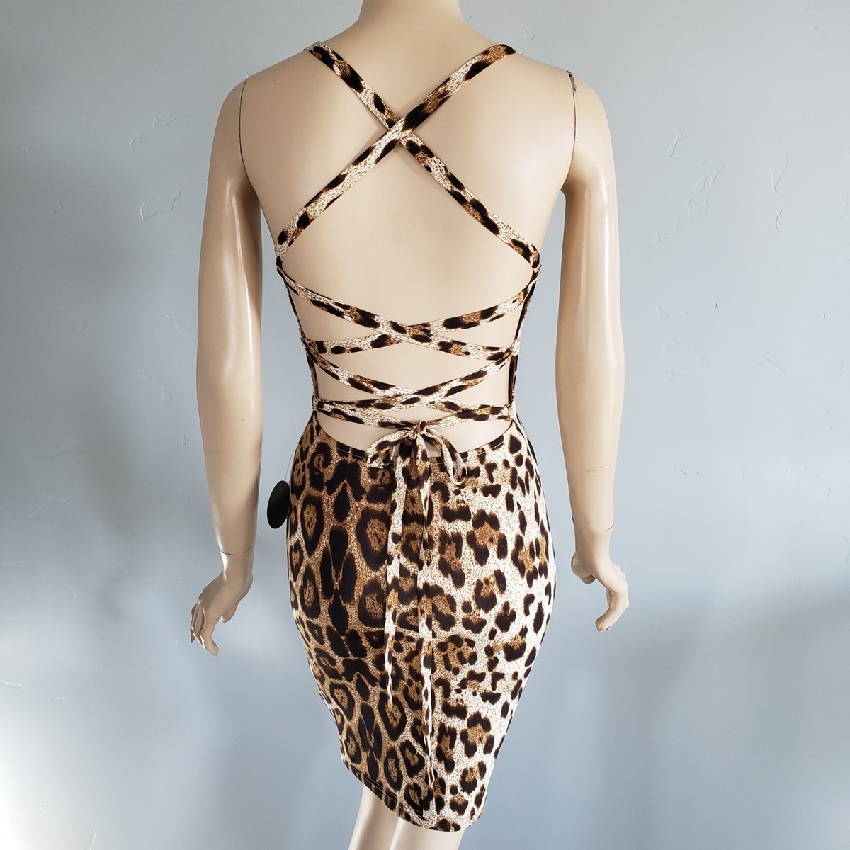 Hot Miami Styles Leopard Lace Up Backless Bodycon Knee Length Dress Small NWT
