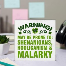 St. Patrick's Day "Shenanigans Warning" Wooden Block Sign Funny Irish Home Decor