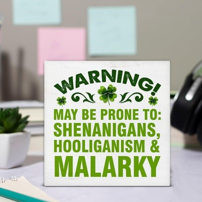 St. Patrick's Day ''Shenanigans Warning'' Wooden Block Sign Funny Irish Home Decor