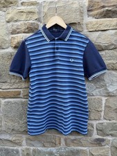 Fred Perry Polo Shirt Mens Medium Slim Fit Navy Light Blue Striped Short Sleeve