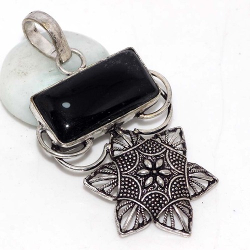 925 Silver Plated Black Obsidian Jewellery Pendant Handmade Size 2.1" GW