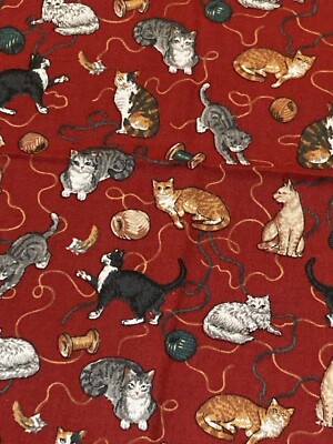 Small Cats Yarn Thread Spools on Red 18'' x 37'' Kesslers VTG Concord Fabric Scrap