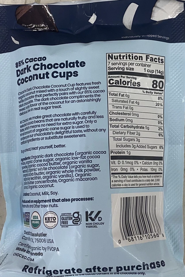 ChocXO 85% Cacao Organic Dark Chocolate Coconut Cups 3.45 oz Bag - Image 2 of 2