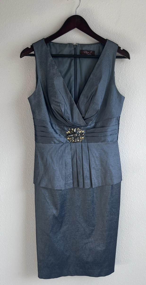 Eliza J. Jacquard Jeweled Center Sleeveless Dress Blue Gray (Size 8) - SALE