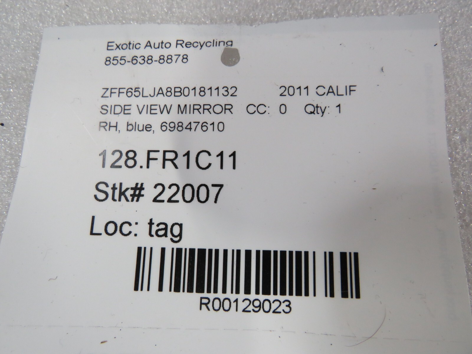 Ferrari California, RH, Right, Side View Mirror, Blue, Used, P/N 69847610