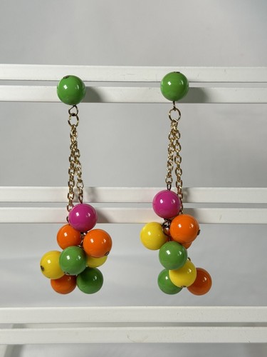 Vintage Large Acrylic Bubble Beads Dangle Earrings Funky Statement Colorful Pink - Picture 2 of 15