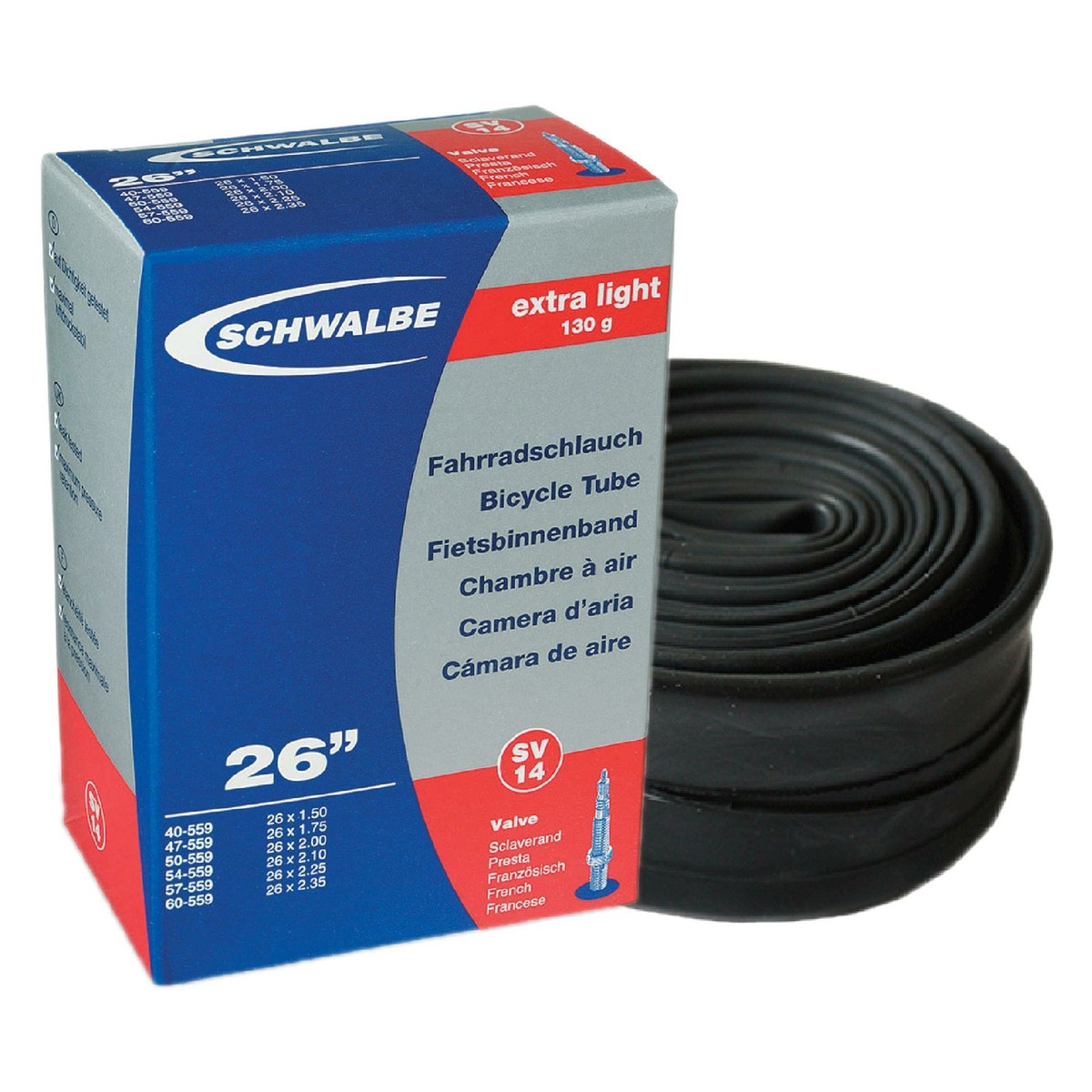 Chambre à Air Schwalbe SV19 – Valve Presta, 40 Mm, Standard, Deux Pièces, Compatible Vélo Route, VTT, BMX, Nylon