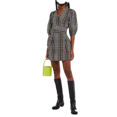 Ganni Checked Cotton-blend Seersucker Mini Wrap Dress si ze6 - Main Image