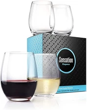 Season STORY Crystal Stemless Wine Glasses Set of 4 - 15 oz, Red Wine Glasses