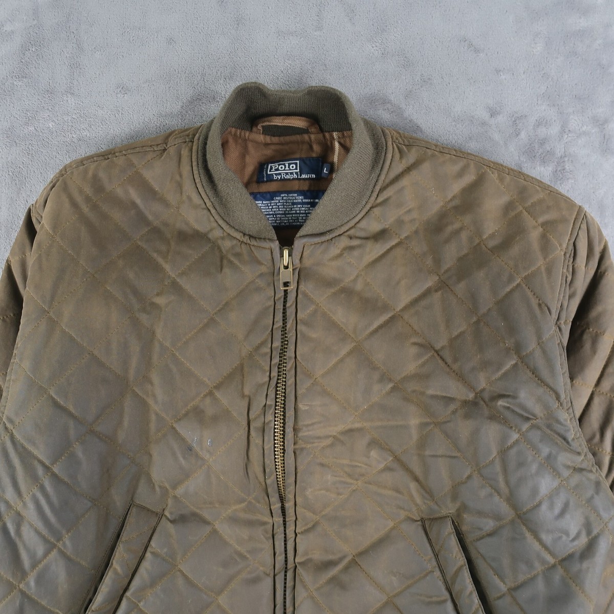 Vintage 90s Polo Ralph Lauren Quilted Bomber L Olive Green Waxed 