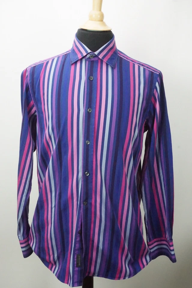 Duchamp London Bright Pink Purple Blue Striped Cotton Dress Shirt Sz 16 - Image 4 of 4