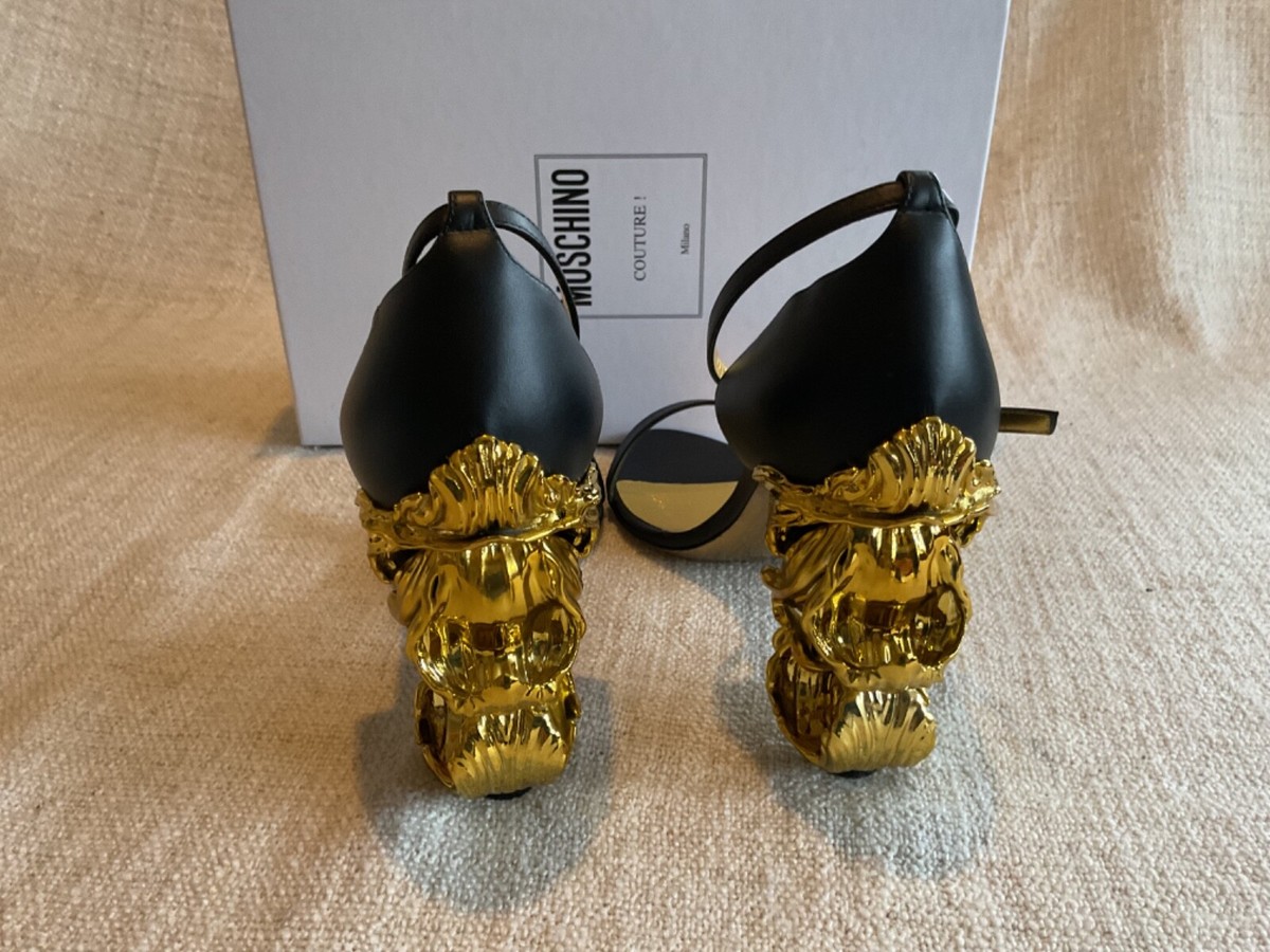 MOSCHINO Gold Heel Strappy Sandals Sculpted Baroque Black Uk 7
