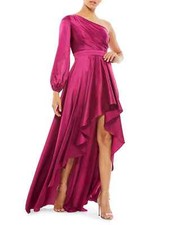 Mac Duggal Berry One-Shoulder Long Sleeve Satin High/Low Gown Size 12 $358