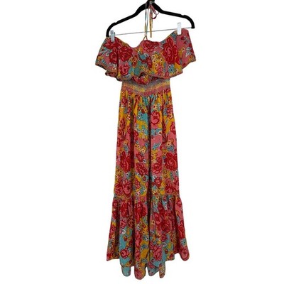 100% Silk Floral Maxi Dress XS Boho Pink Off Shoulder Calypso St Barth RN