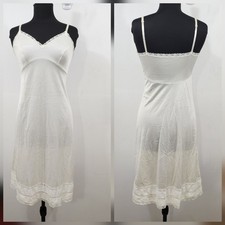 Vintage Knee Length Full Slip Ivory Nylon Cut Away Lace Trim V-neck Adjustable S