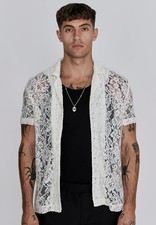 SikSilk Mens Ecru Lace Resort Shirt Medium