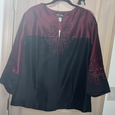 Bob Mackie Jacket Open Front Silk Red Black Size 1X Wearable Art Embroidered