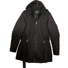 London Fog Black Quilted Jacket Size Medium Zipper Removable Hood 3153