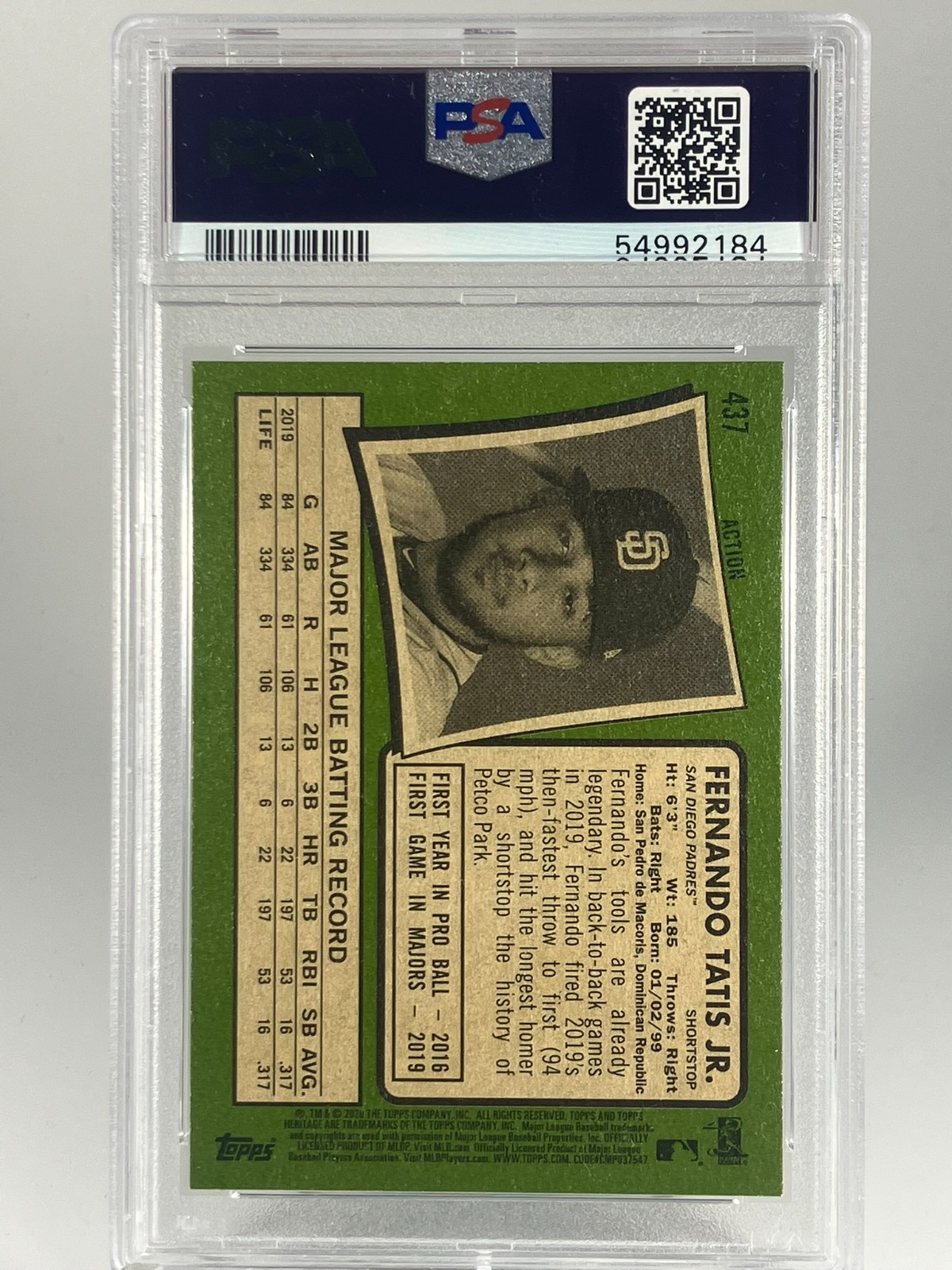 2020 Topps Heritage FERNANDO TATIS JR #437 SP Action Image Variation PSA 9 view 2