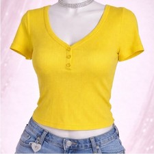 Ambiance Henley Crop Top Womens Large Yellow Ribbed Y2K Bella Swan Babydoll