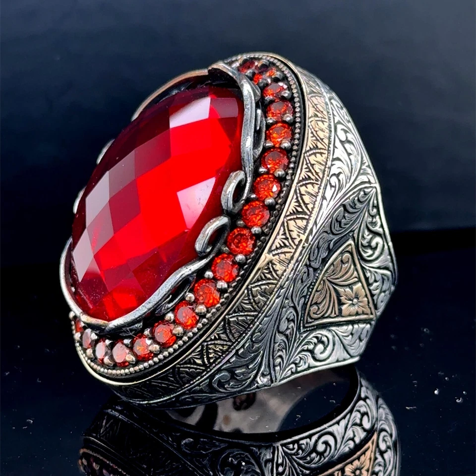 925 Sterling Silver Large Ruby Stone Ring, Ottoman Style Red Gemstone Men Ring - Image 3 of 4
