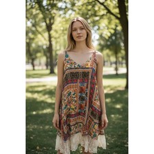 Umgee Patchwork Lace Trim Slip Dress Womens Multicolor Boho Festival Small
