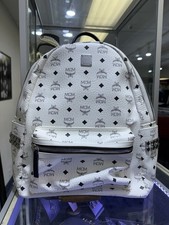 MCM Stark Side Studs Backpack In Visetos In White Great Condition With Receipt
