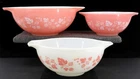 3 MCM Pyrex Pink Gooseberry Cinderella Mixing Nesting Bowls ~ 442, 443, 444
