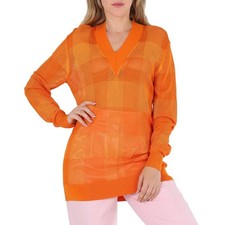 Burberry Ladies Deep Orange Zoie Check Mesh Lace V-Neck Jumper