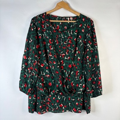 Cato Est. 1946 Top Women 22/24W Green Red Leopard Print Draped Front Long Sleeve