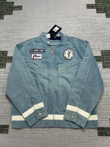 Levi's x McLaren Racing Jacket Mens Large Blue Cotton Denim Full Zip Bomber New video thumbnail