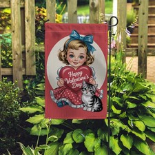Happy Valentine's Day Garden Flag Vintage Girl Kitten Heart Outdoor Yard Decor