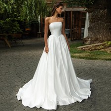 Charming Simple Wedding Dresses Sleeveless Strapless Zip Back Sweep Train Gowns