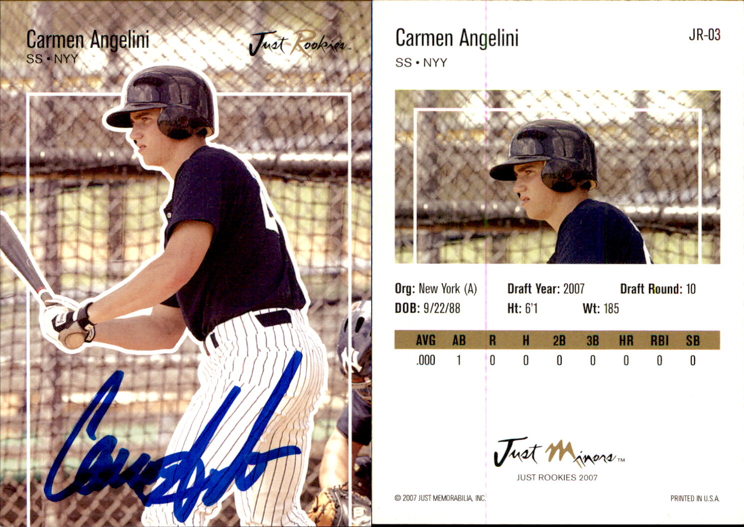 Carmen Angelini Signed 2007 Just Rookies JR03 Card New York Yankees