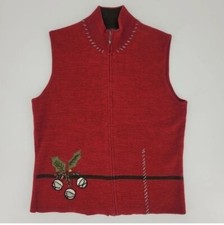 Woolrich 100 Lambswool Embroidery Full Zip Red Holiday Sz. XL Vest