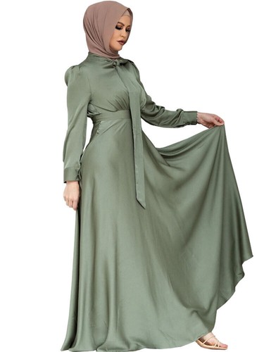 Fashion Muslim Women Satin Abaya Long Maxi Dress Turkey Kaftan Robe Party Gown - Picture 12 of 20