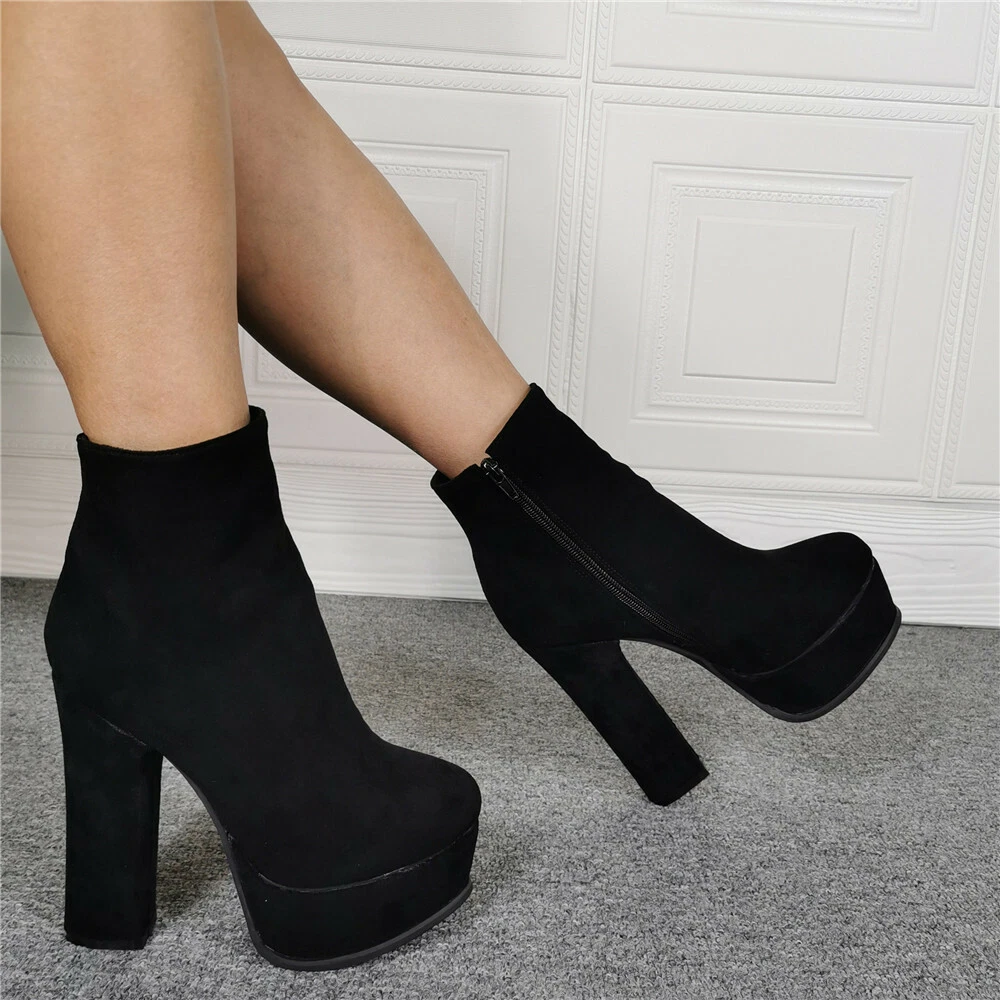 Womens Chunky Platform Ankle Boots Punk High Block Heels Suede