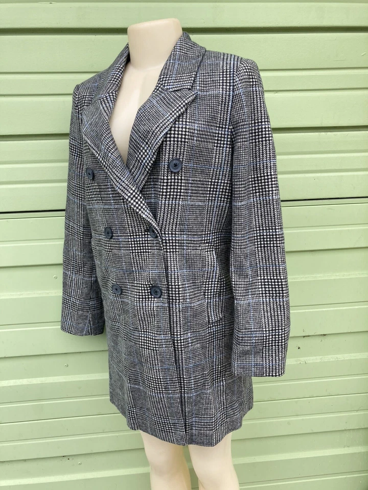 New ZARA Woman Grey Blue Checkers Coat Long Sleeve Button Front size S Y276J - Image 3 of 4