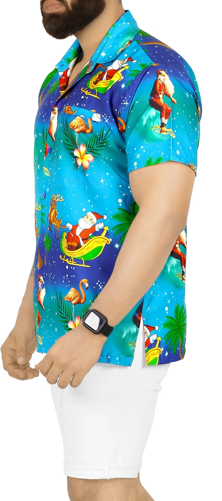 HAPPY BAY Mens Hawaiian Short Sleeve Button Down Shirts XL Santa Surf, Blue