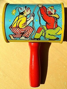 Vintage (T. CONN) Made in USA CLOWNS w/ PARTY DOG & DUCK Tin RATTLE NOISE MAKER