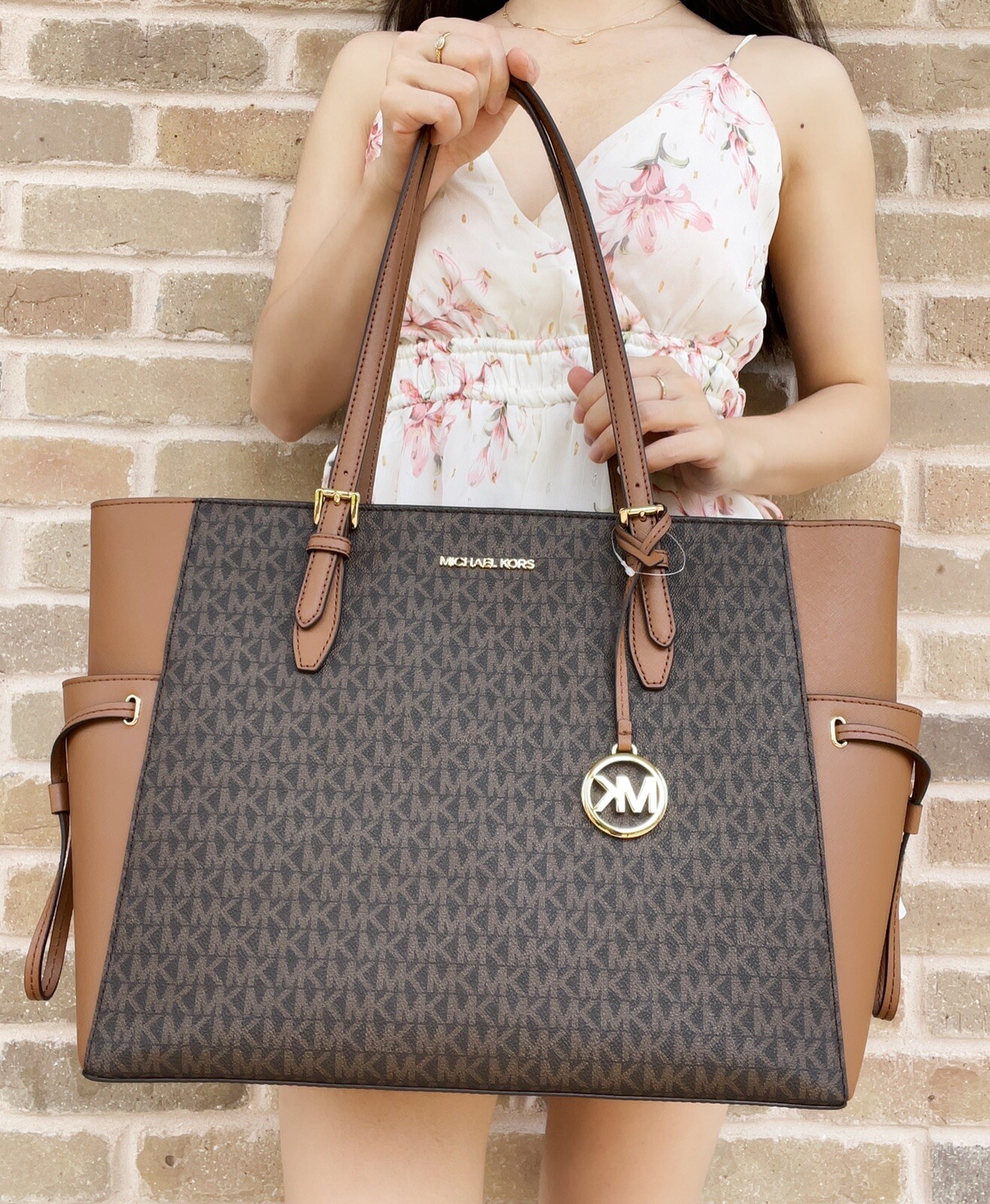 Michael Kors Gilly Large Drawstring Zip Tote Brown MK Signature + Trifold Wallet